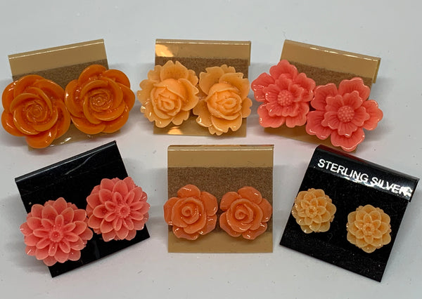 Flower Stud Earrings - Coral/Orange