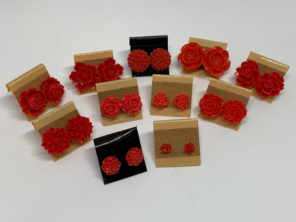 Flower Stud Earrings - Red